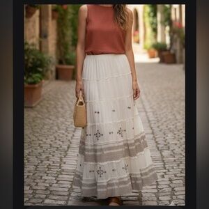 Denim & supply Ralph Lauren Elegant Cream Maxi Skirt with Embroidered Accents